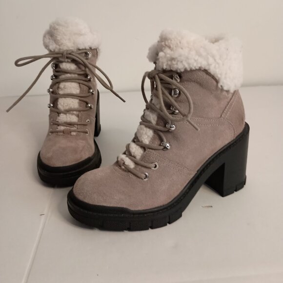 Marc Fisher Vacinta Gray Suede Shearling Heeled Combat Booties Women’s 6.5 - Picture 11 of 11
